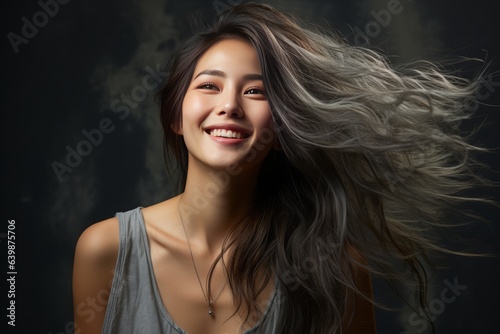 手を頭に乗せた笑顔のアジア女性、グレーの背景で。ポートレート写真。