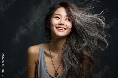 笑顔のアジア人女性、グレーの背景で。ポートレート写真。 photo