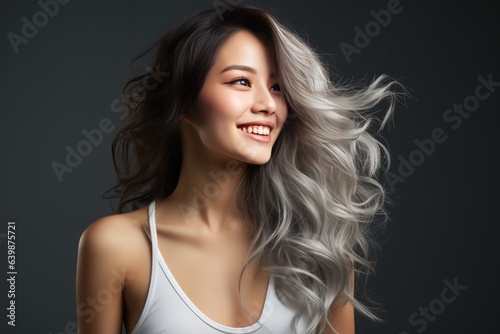 グレー背景で手を頭に乗せる笑顔のアジア女性。ポートレート撮影。