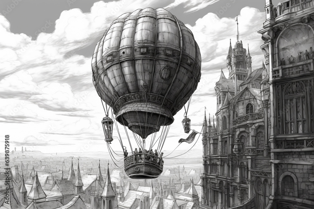 Obraz premium Steampunk manga drawing: Hot air balloon (airship)