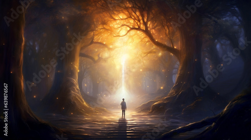 Vászonkép A man with Beautiful glimmering light guiding the path of dreams foot path throu