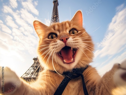 A cute and happy cat smiles while taking a selfie in front of the Eiffel Tower