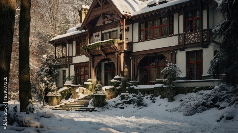 An old Villa in a snowy forest