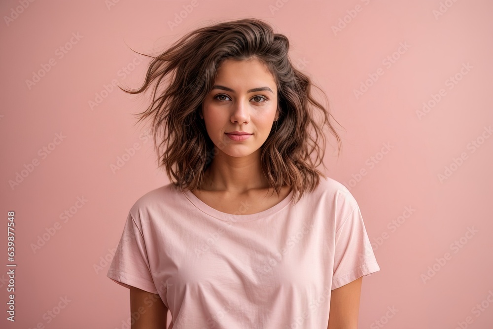Funny young brunette woman girl in white t-shirt posing isolated on pastel pink wall background studio portrait