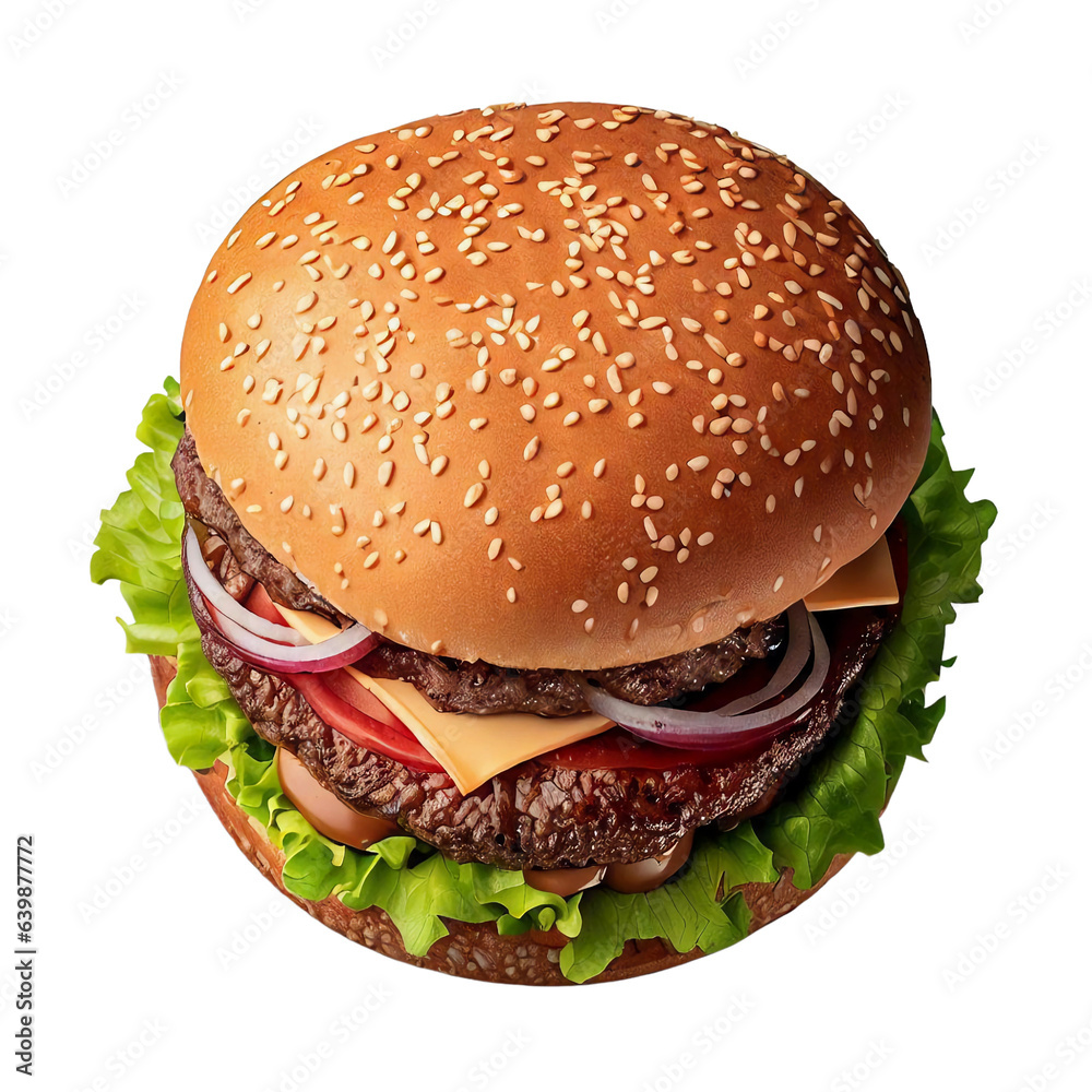 Delicious Hamburger isolated on transparent background. Fresh tasty and appetizing beefburger