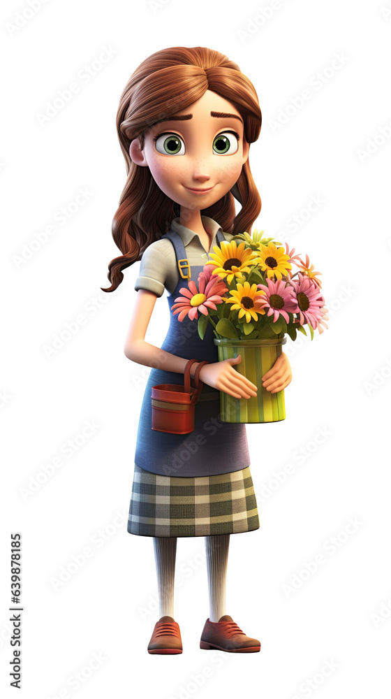 Girl holding flowers. 3D cartoon character. Isolated background, animated character. Girl holding flowers. 3D cartoon character. Isolated background, animated character.