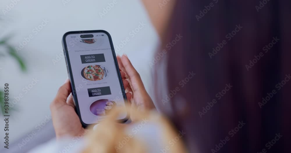 Woman, hands and phone screen for food delivery, online shopping and lunch choice or decision. Customer or user scroll on mobile app menu for e commerce, ui or ux design and click on restaurant order