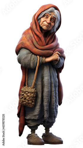 Grandma, homeless, elderly. 3D cartoon characters. Isolated backgrounds, animated characters.