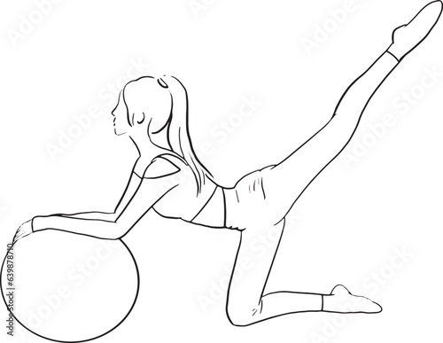 Pilates training concept vector illustration. Woman practicing Pilates with ball.
