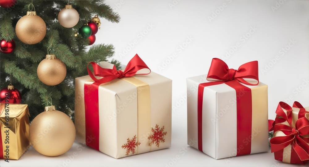 christmas presents with christmas decoration in front of white backdrop. Created with Generative AI. christmas presents with christmas decoration in front of white backdrop. Created with Generative AI.