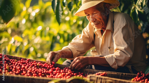 Billede på lærred Male worker harvesting coffee bean in the plantation, farmers toil and dedicatio