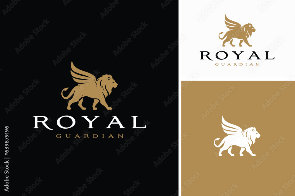 Golden Winged Leo or Majestic Lion King Silhouette with Eagle Wings like Griffin for Classic Royal Premium Vintage Logo Design