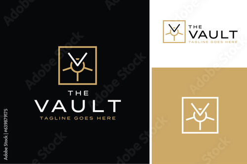Wheel Gear Door Handle with Initial Letter V Vault for Bank Safety Storage Logo Design
