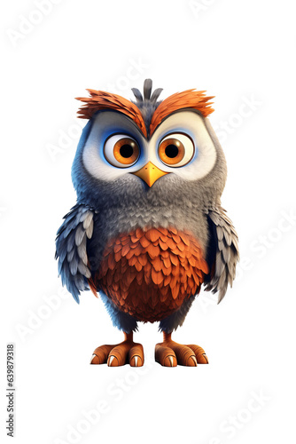 Owl 3D cartoon character. Isolated background, animated character.