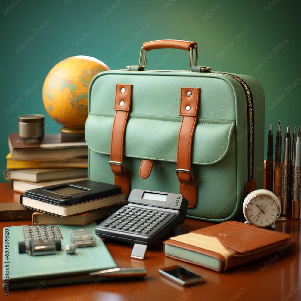 Business trip , travel bag, calculator, files, pens and work utensils, passport, ai generated