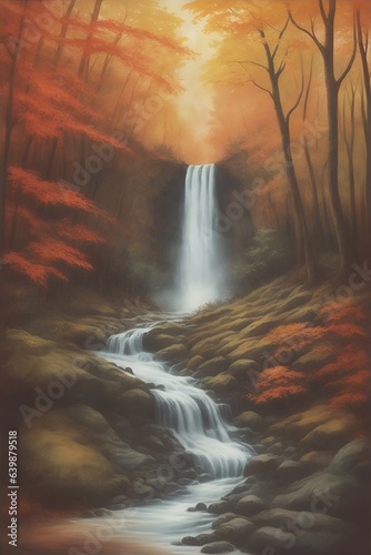 Waterfall in deep fall faorest. AI generated illustration