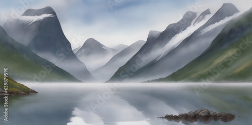Nordic fjord landscape. AI generated illustration photo