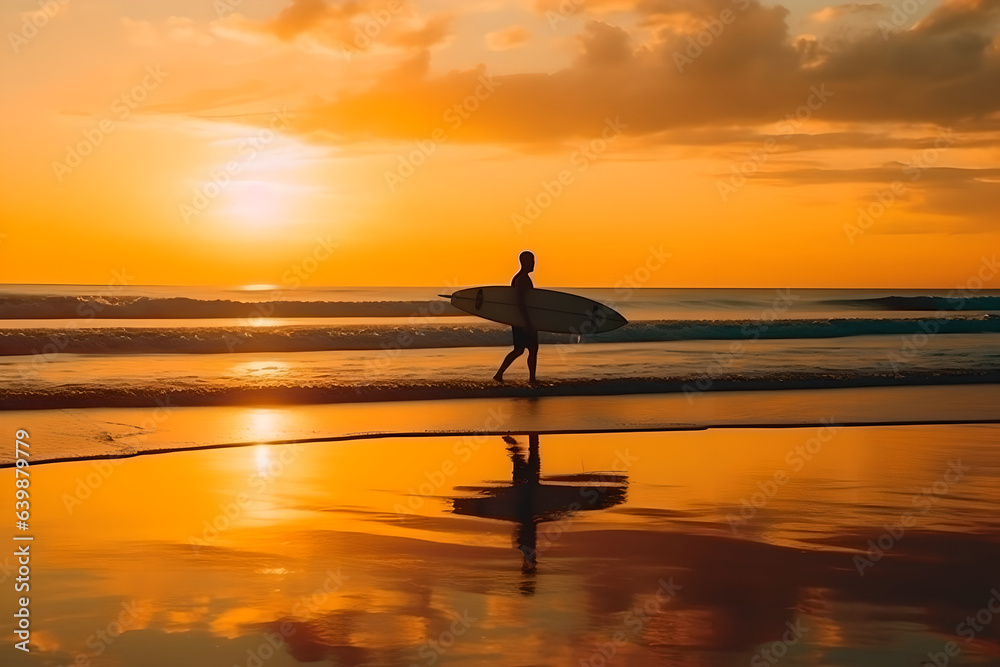 silhouette surfer on the beach at sunset, man carrying surfboard walking on sandy shore at sunset, health lifestyle and sport
