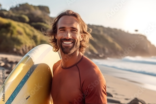 portrait man with surfboard standing on the beach. Confident man with a stand up paddleboard at sunset, health lifestyle and sport