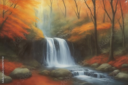 Waterfall in deep fall faorest. AI generated illustration