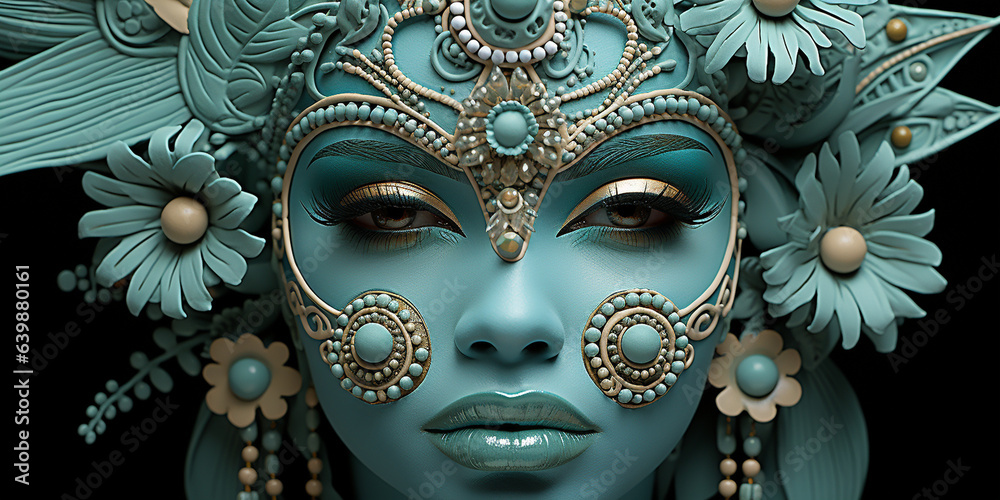 Einzigartiges Model Gesicht einer Frau mit Applikationen und türkisenen Kopfschmuck mit grandioser Visagistik Nahaufnahme für Poster im Querformat, ai generativ