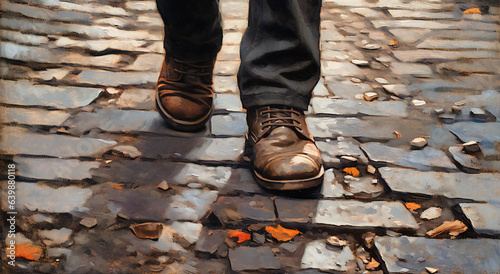 A pair of weathered brown boots rests gracefully on a historic cobblestone street