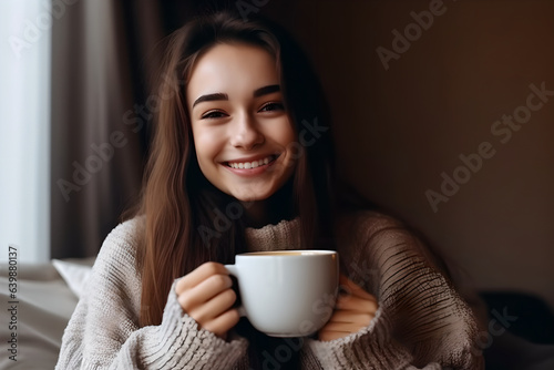 Portrait of happy young woman enjoying a cup of coffee at home, beautiful smiling woman drink coffee in morning