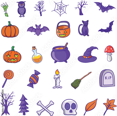 Halloween graphic elements - pumpkins, hat, skull, autumn leaves, candy, broomstick and others. Clipart Vector illustration of halloween party set