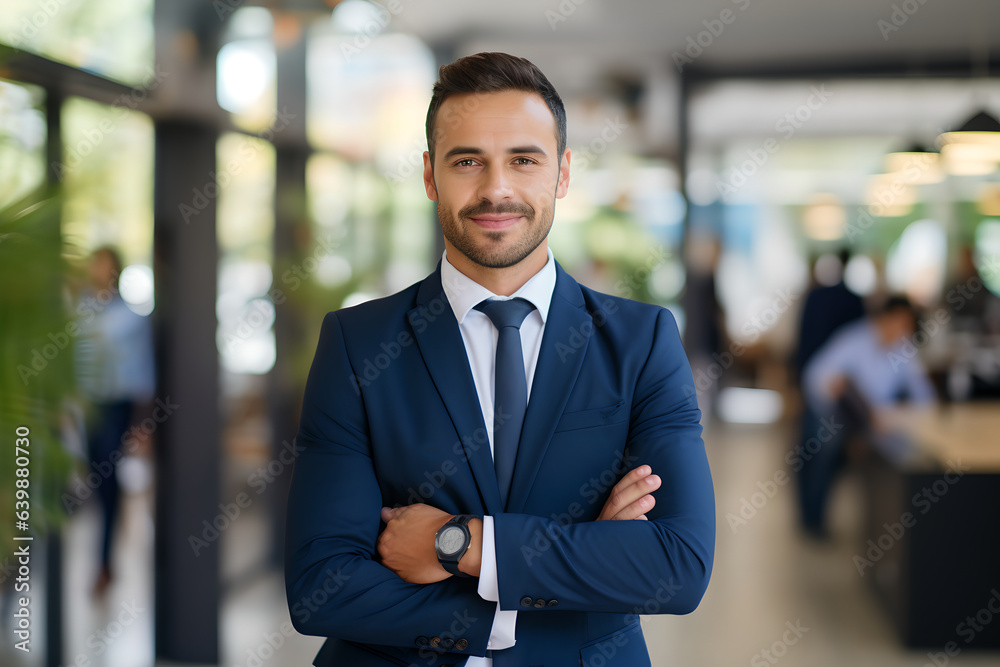 Confident male corporate leader executive manager wearing casual wear posing for business portrait. Portrait of happy handsome professional businessman smiling looking at camera standing in office