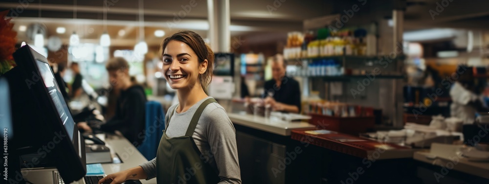 Beautiful female cashier smiling in grocery store, copy space. Created with Generative Ai technology.