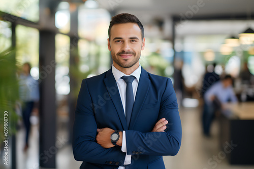 Confident male corporate leader executive manager wearing casual wear posing for business portrait. Portrait of happy handsome professional businessman smiling looking at camera standing in office