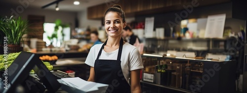 Beautiful female cashier smiling in grocery store, copy space. Created with Generative Ai technology.