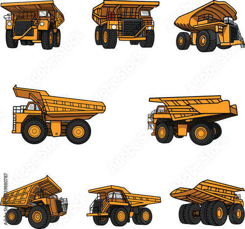 Vector of Dump truck Equipment for the high-mining industry. View front, rear, side  Mining machinery, industry equipment, Heavy career truck, open extraction, anthracite coal, nickel, gold mining