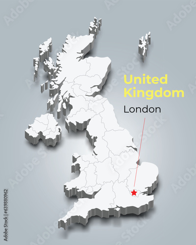 United Kingdom 3d map with borders of regions and it’s capital