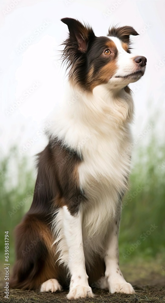 A sitting dog with a white and brown fur