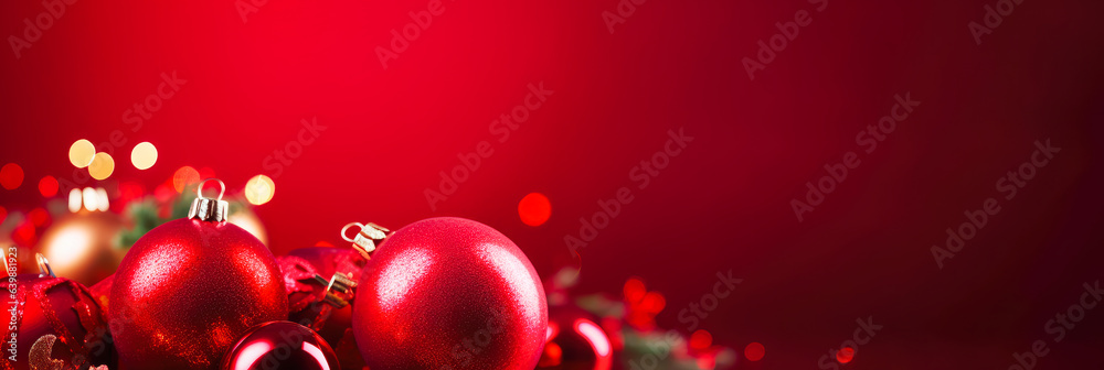 Red Christmas background with red balls and space for text. Generative AI. Red Christmas background with red balls and space for text. Generative AI.