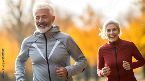 Portrait of active senior couple running together in the park stadium, Happy elderly couple in morning run outside in city park