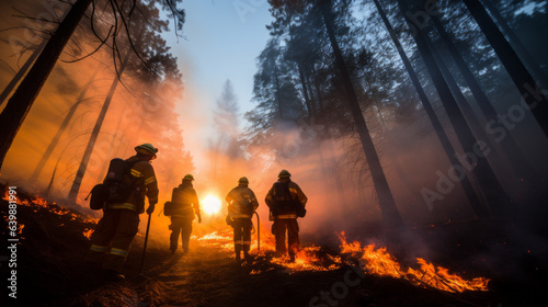 Firefighters battling a raging wildfire in a dense forest