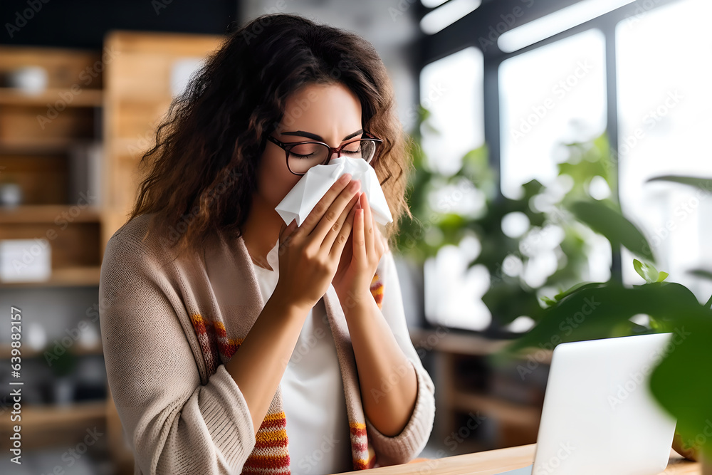 Sick young businesswoman using a tissue while sneezes while walking in office Sick young businesswoman using a tissue while sneezes while walking in office