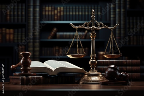 Justice and legal book on wooden table, legal services, advice, Justice concept. Generative AI