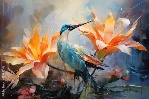 Bird of paradise sits on a branch with beautiful flowers. Oil painting in the style of impressionism. © Osadchyi_I