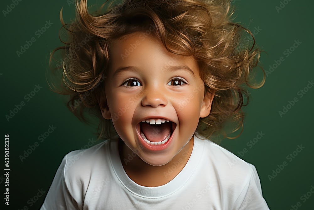 Portrait of cheerful little boy with curly hair in T-shirt smiling funny and carefree, showing front teeth, healthy happy child, positive emotions. indoor studio shot isolated on green background Portrait of cheerful little boy with curly hair in T-shirt smiling funny and carefree, showing front teeth, healthy happy child, positive emotions. indoor studio shot isolated on green background