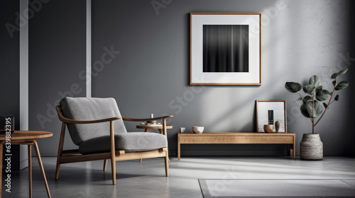 Interior mock up of a blank wooden framed blank poster in a gray living room with a wooden couch, a coffee table with a vase and books, and an armchair.