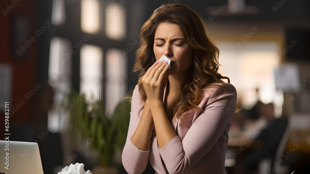 Fototapeta premium Sick young businesswoman using a tissue while sneezes while walking on the street