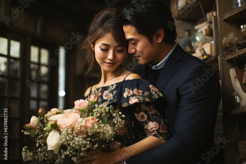  結婚式での花婿の抱擁. インスタント日本風フィルター効果.