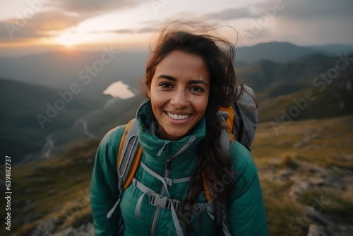 Portrait of happy woman hiker smiling standing on the top of mountain, adventure woman traveling alone and hiking on the top of mountains in summer vacation trip on weekend
