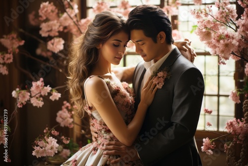 結婚式での花婿の抱擁. インスタント日本風フィルター効果.