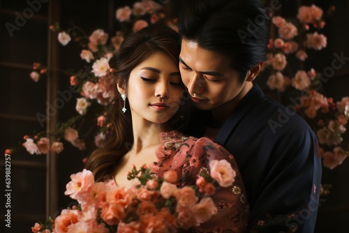  結婚式での花婿の抱擁. インスタント日本風フィルター効果.