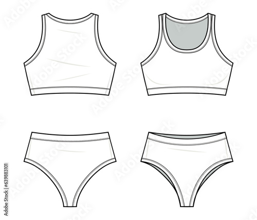 Women's sports Underwear set fashion flat technical drawing template. Underwear technical fashion Illustration, bar, and brief, front and back view, white, women, CAD mockup set.