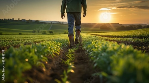 A farmer walks across a green field in welly boots at sunrise photo